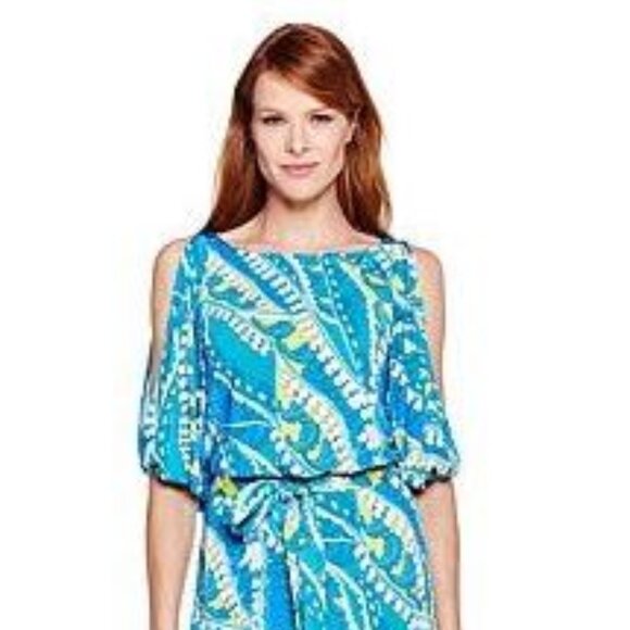 NIKKI POULOS, Turquoise/lime green print cold shoulder maxi Hydra dress - Picture 5 of 15